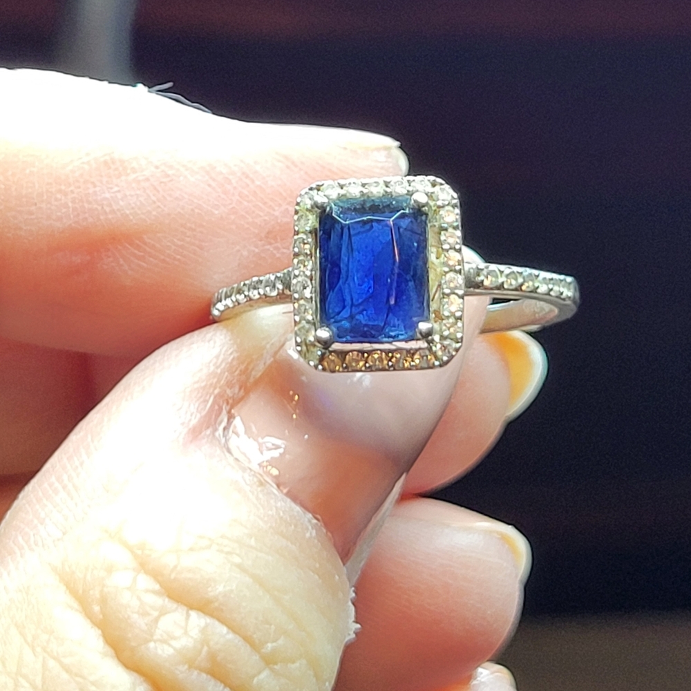 925 Sterling Silver Ring with Blue Sapphire Glass Stone - Size 8